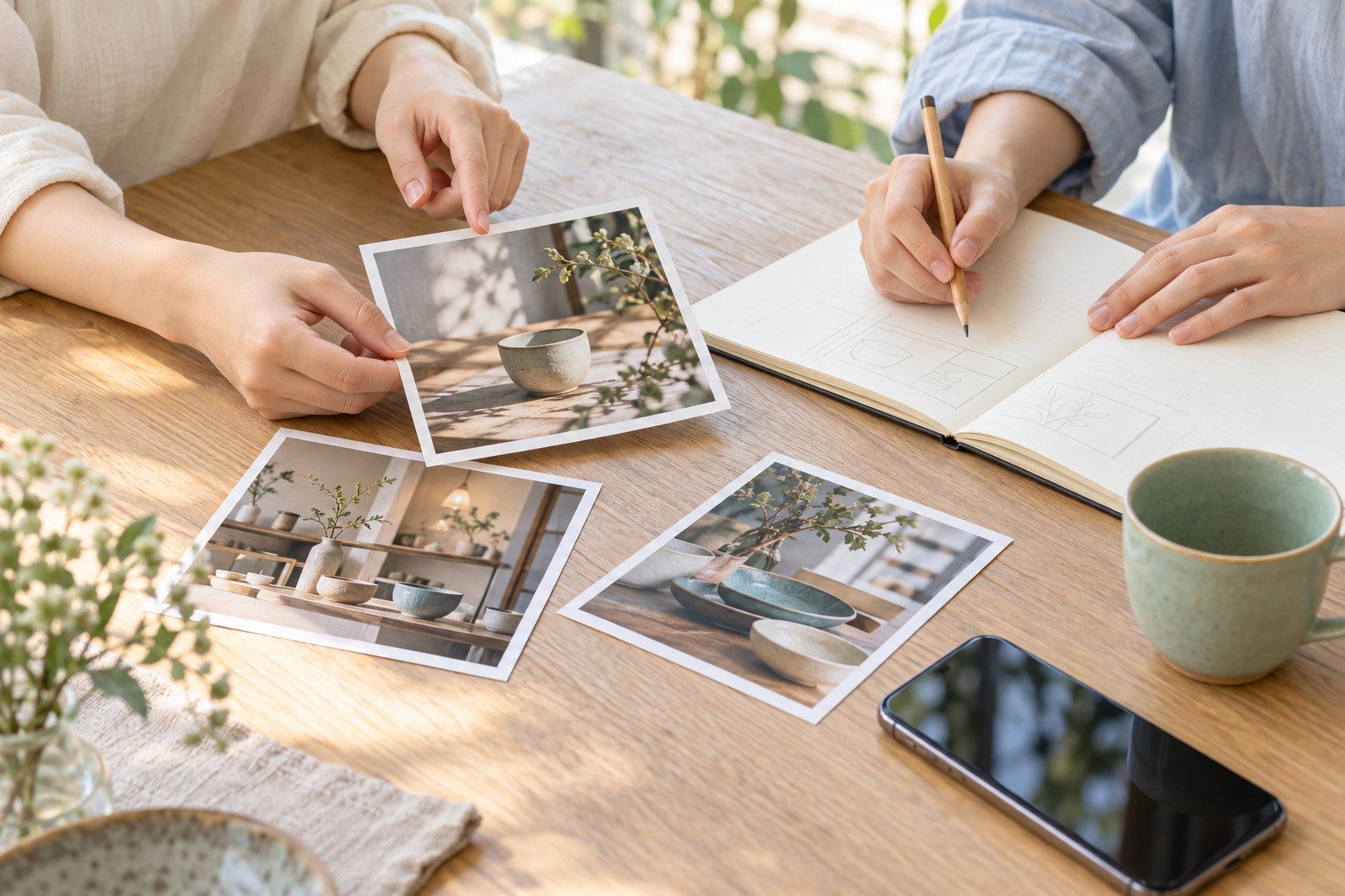 写真を見比べ、ノートに発信の構成を整理する手元