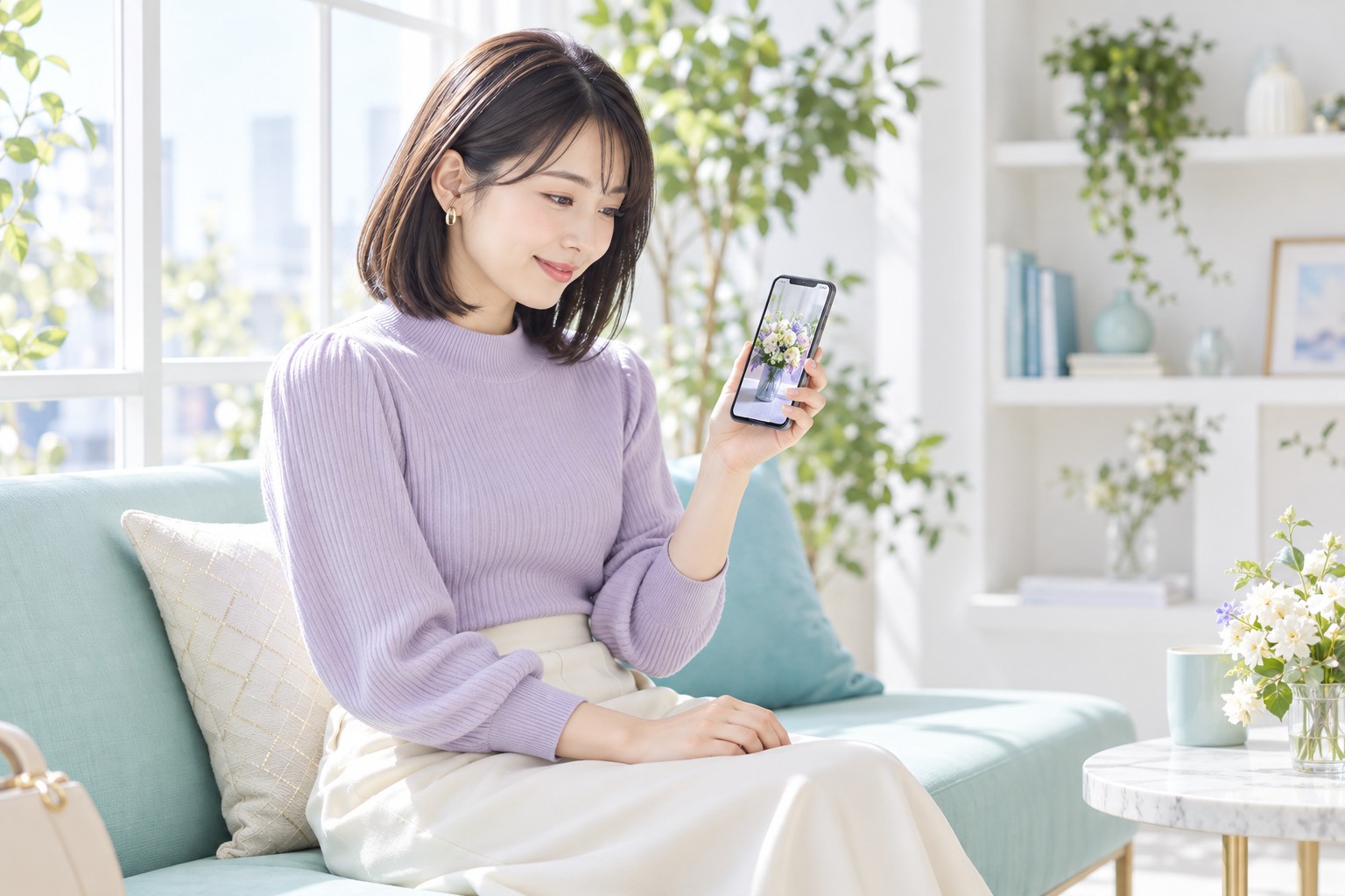 スマートフォンに花の投稿写真を表示し、発信内容を確認する女性