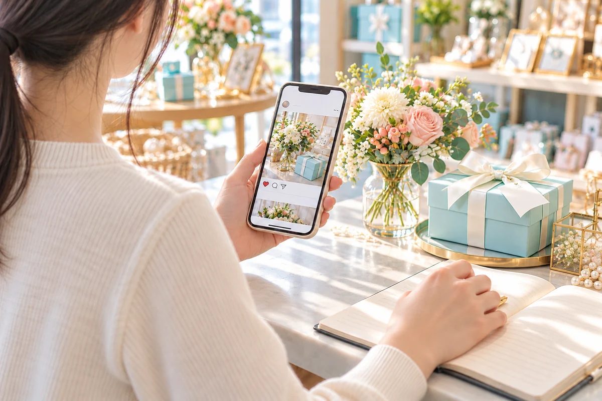 店舗の担当者がスマートフォンの投稿を確認するSNSブーストのイメージ