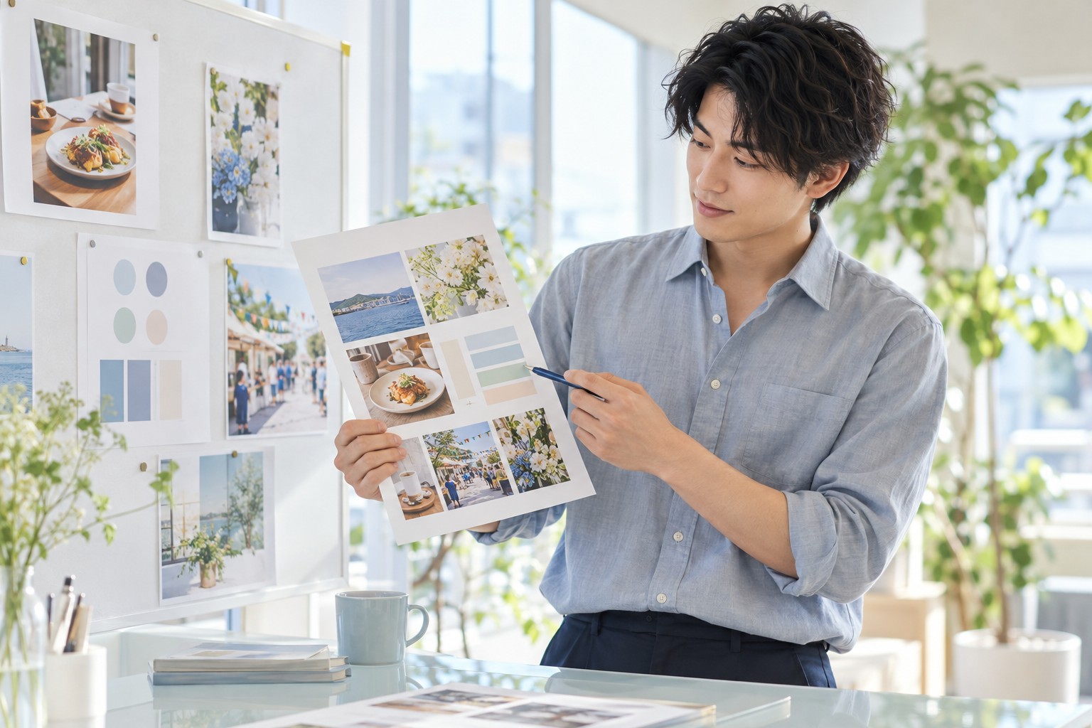 写真資料とレポートを手に取り、実施内容と次の発信を見直す男性