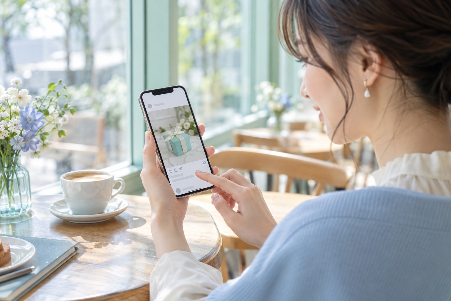 カフェの窓辺で、スマートフォンの投稿内容を確かめる女性