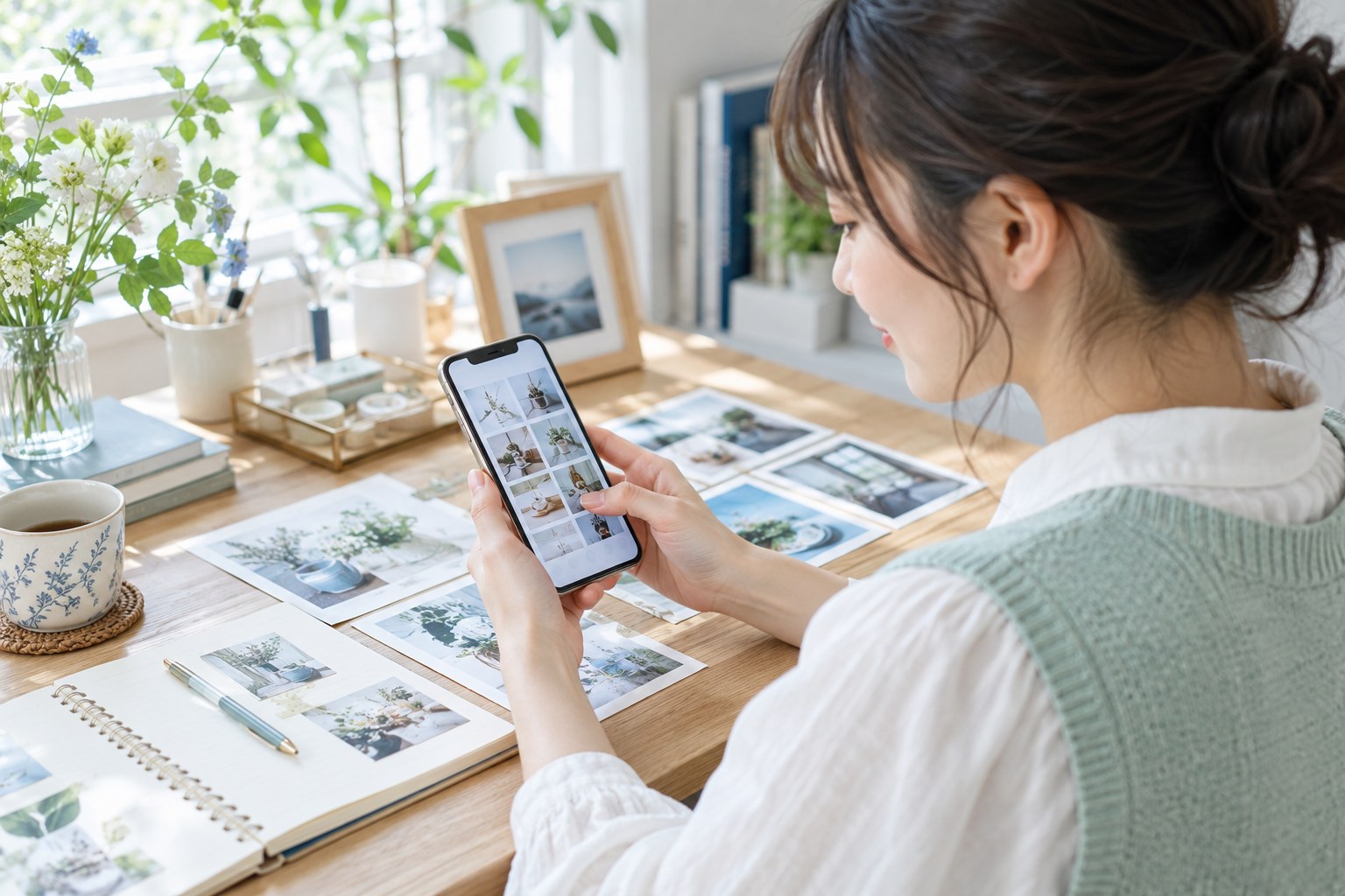 写真資料とノートを見比べながら、スマートフォンで投稿一覧を確認する女性