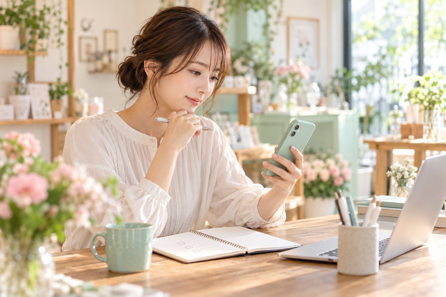 明るい店内でスマートフォンを持ち、チェック欄のあるノートと設定を確かめる女性担当者