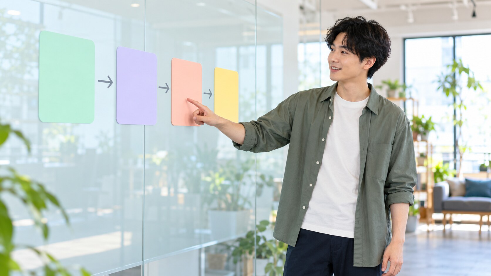 ガラスボードに並べた四つの配信ステップを指し、届ける順番を確認する若い男性担当者
