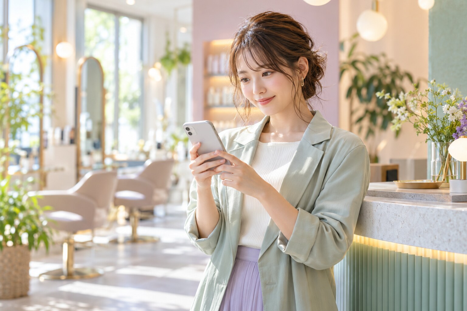 明るいサロンでスマートフォンを両手に持ち、配信内容を確認する若い女性担当者