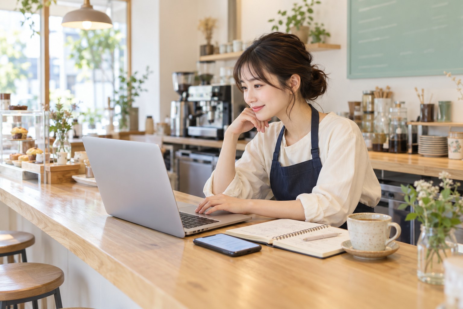 明るいカフェのカウンターでパソコンとノートを使い、配信内容を考える女性店主