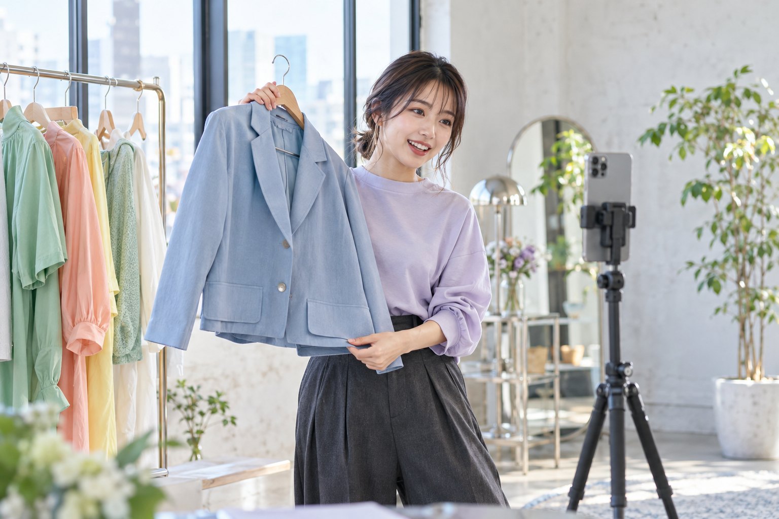 縦向きスマートフォンの前で青いジャケットを紹介する女性クリエイター