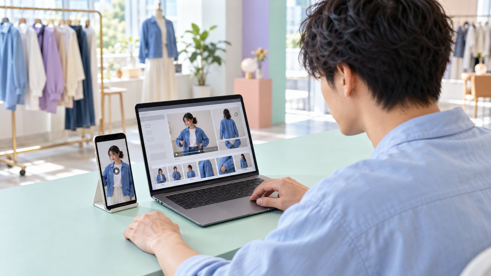 パソコンとスマートフォンに映る青いジャケットの動画を確認する男性クリエイター