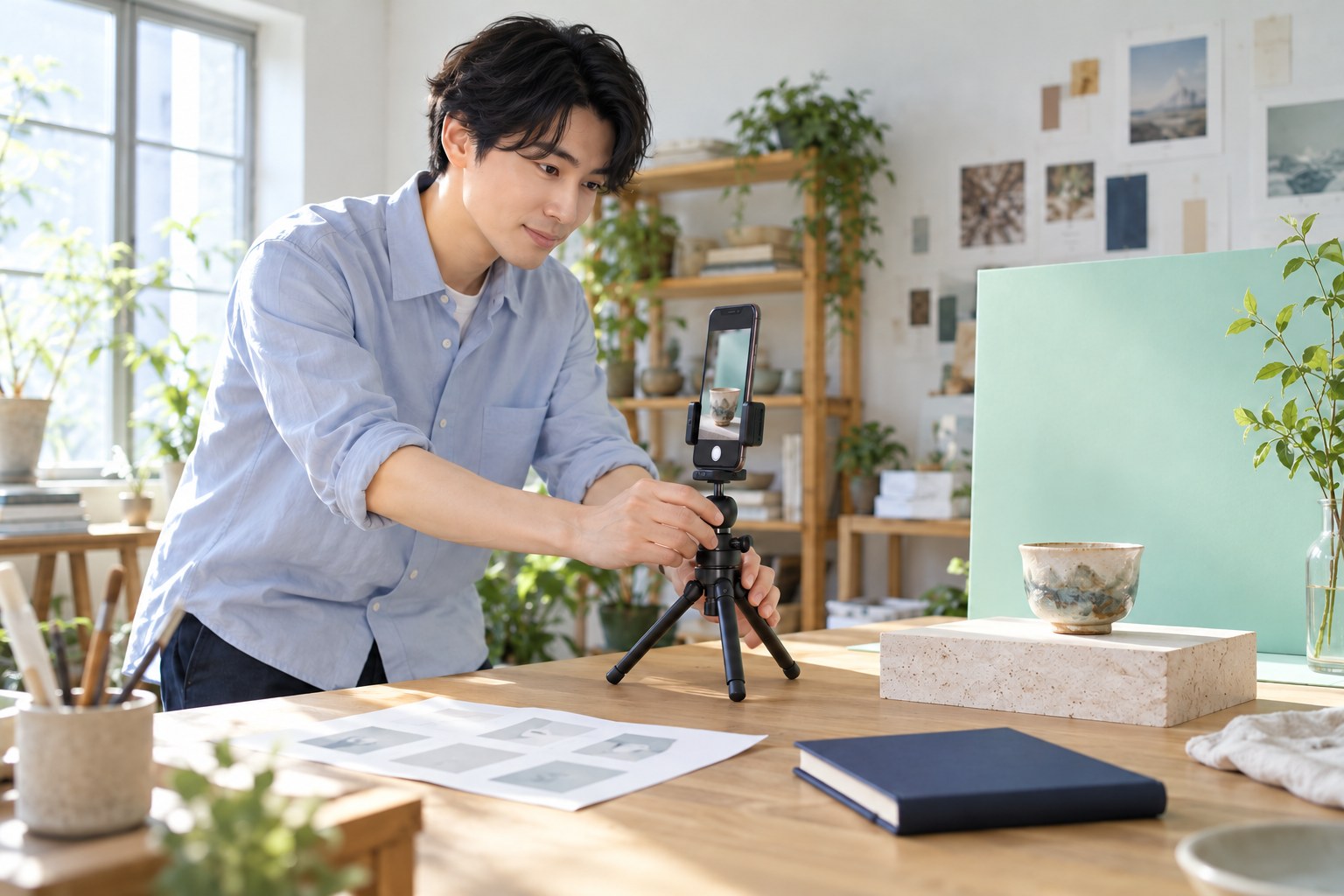 陶器のカップに向けた縦向きスマートフォンと三脚を調整する男性クリエイター