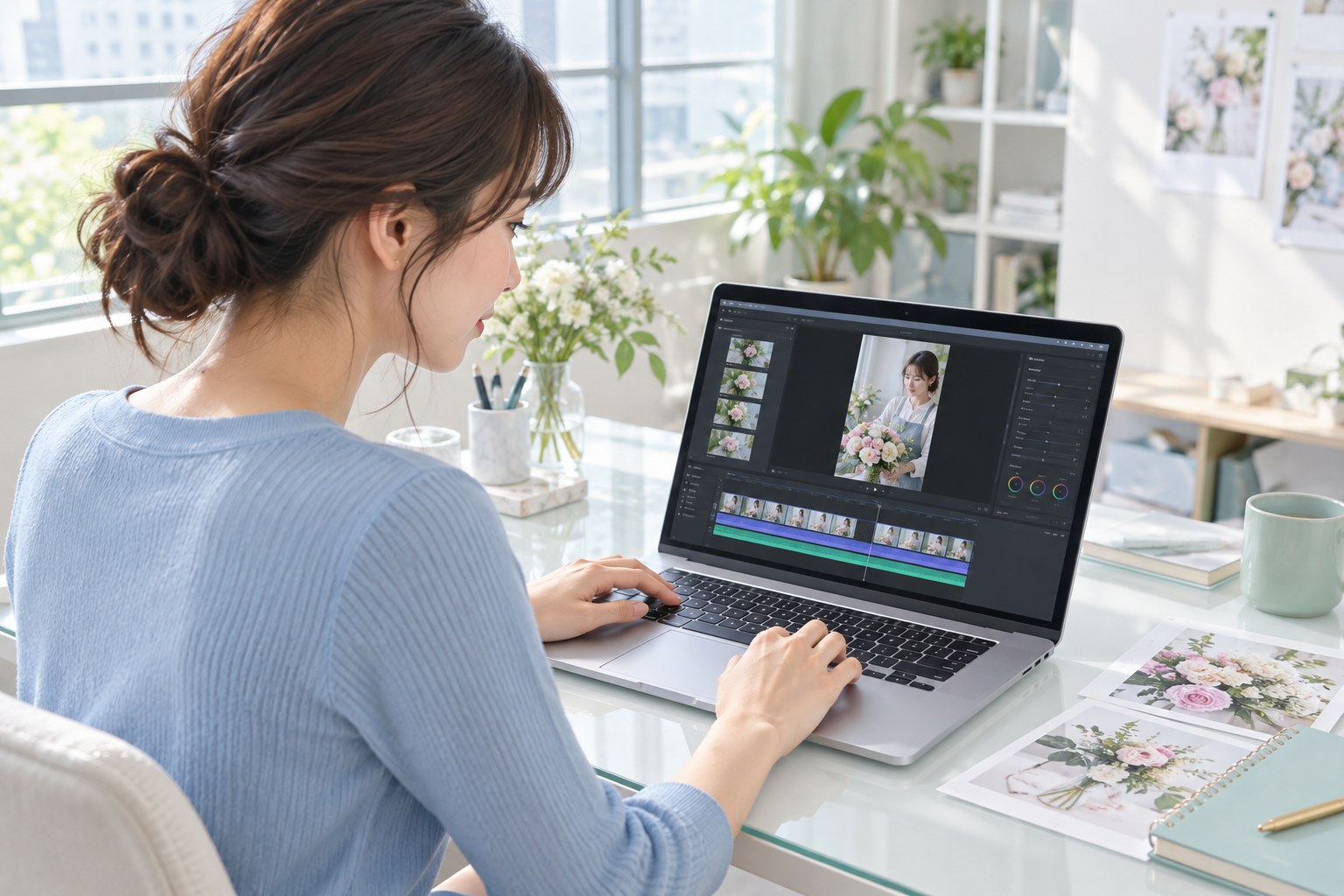 縦動画のカットをノートパソコンで編集する担当者
