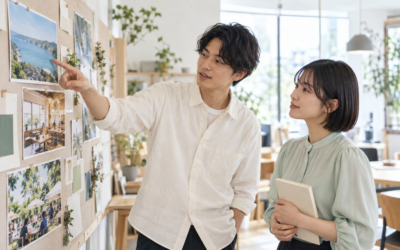 写真資料を見ながら、地域・店舗・イベントの発信企画を検討する場面