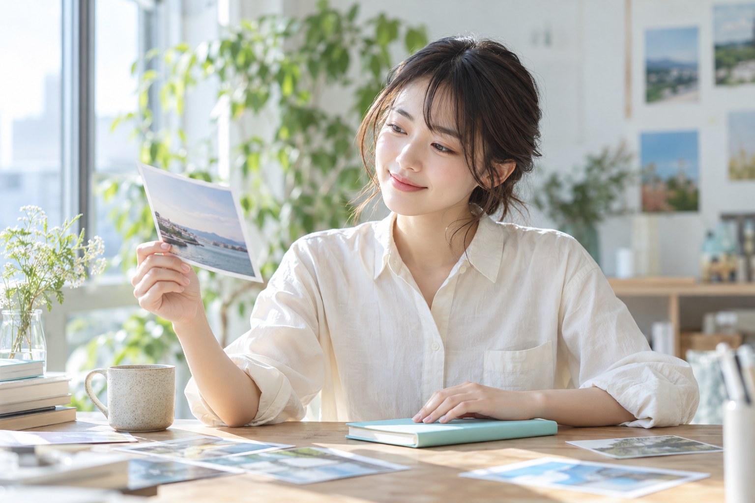 窓辺で写真とノートを見ながら発信を考えるイメージ