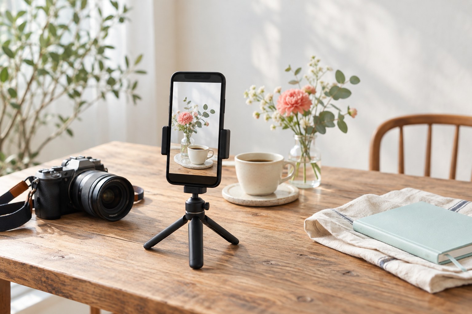 縦向きのスマートフォンとカメラで商品を撮影するSNS制作のイメージ
