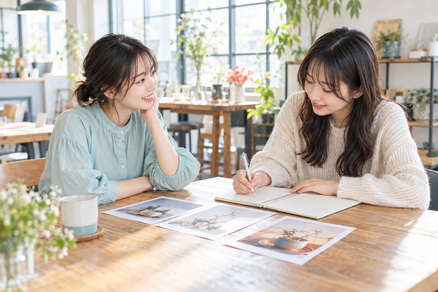 写真資料を見ながら、依頼する制作範囲をノートに整理する二人