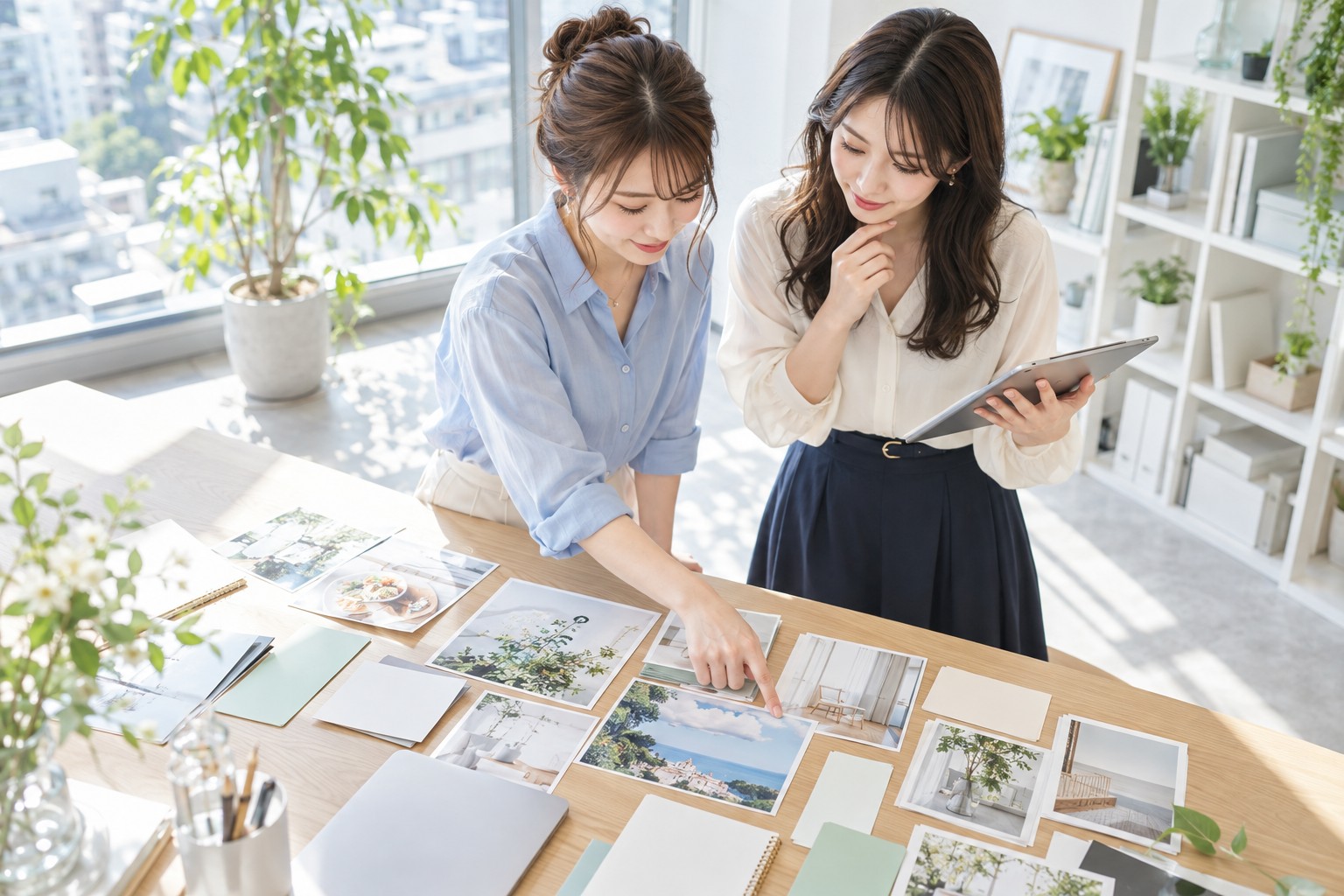 写真と企画カードを囲み、発信する内容を整理する制作チーム
