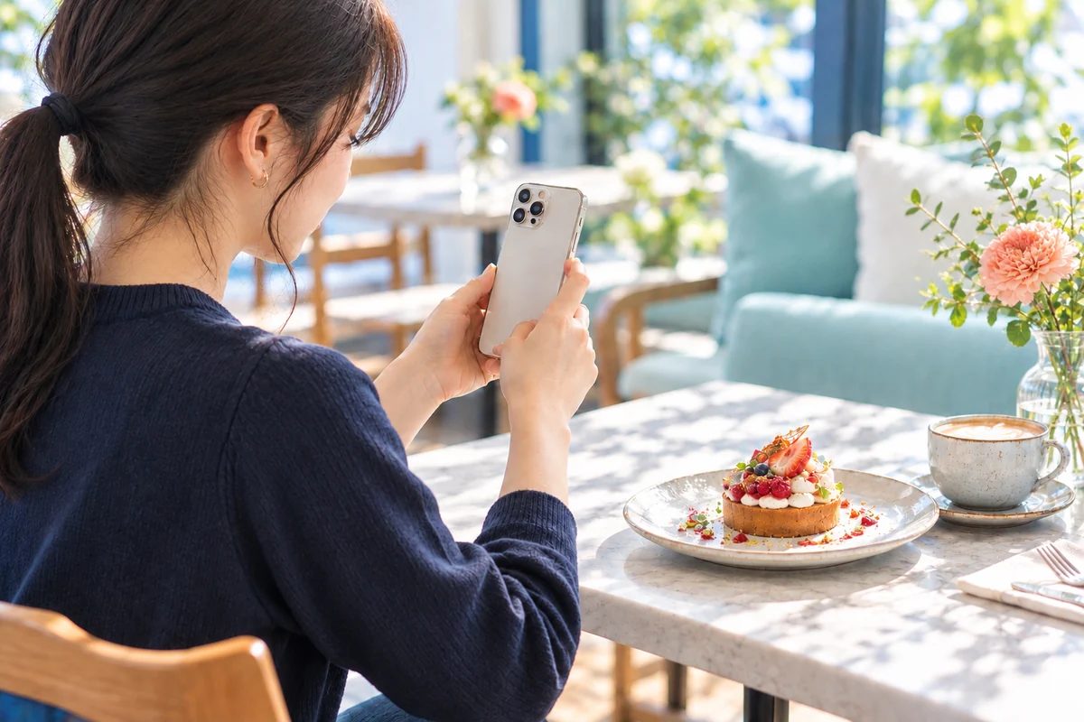 店舗で商品を体験し、スマートフォンで撮影する発信者のイメージ
