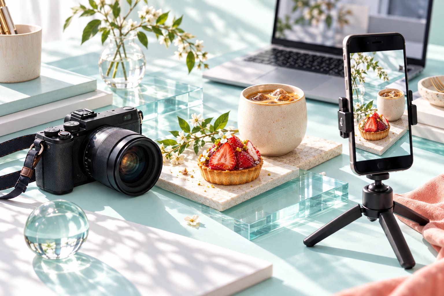 カメラ・縦向きのスマートフォン・商品を並べたSNS撮影の制作イメージ