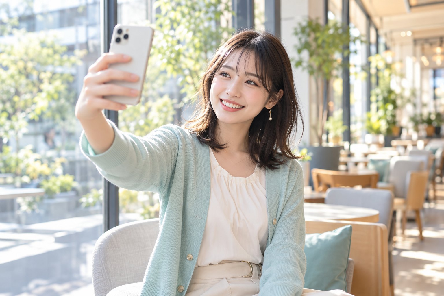 スマートフォンで自撮り動画を撮影する若い女性クリエイターのイメージ