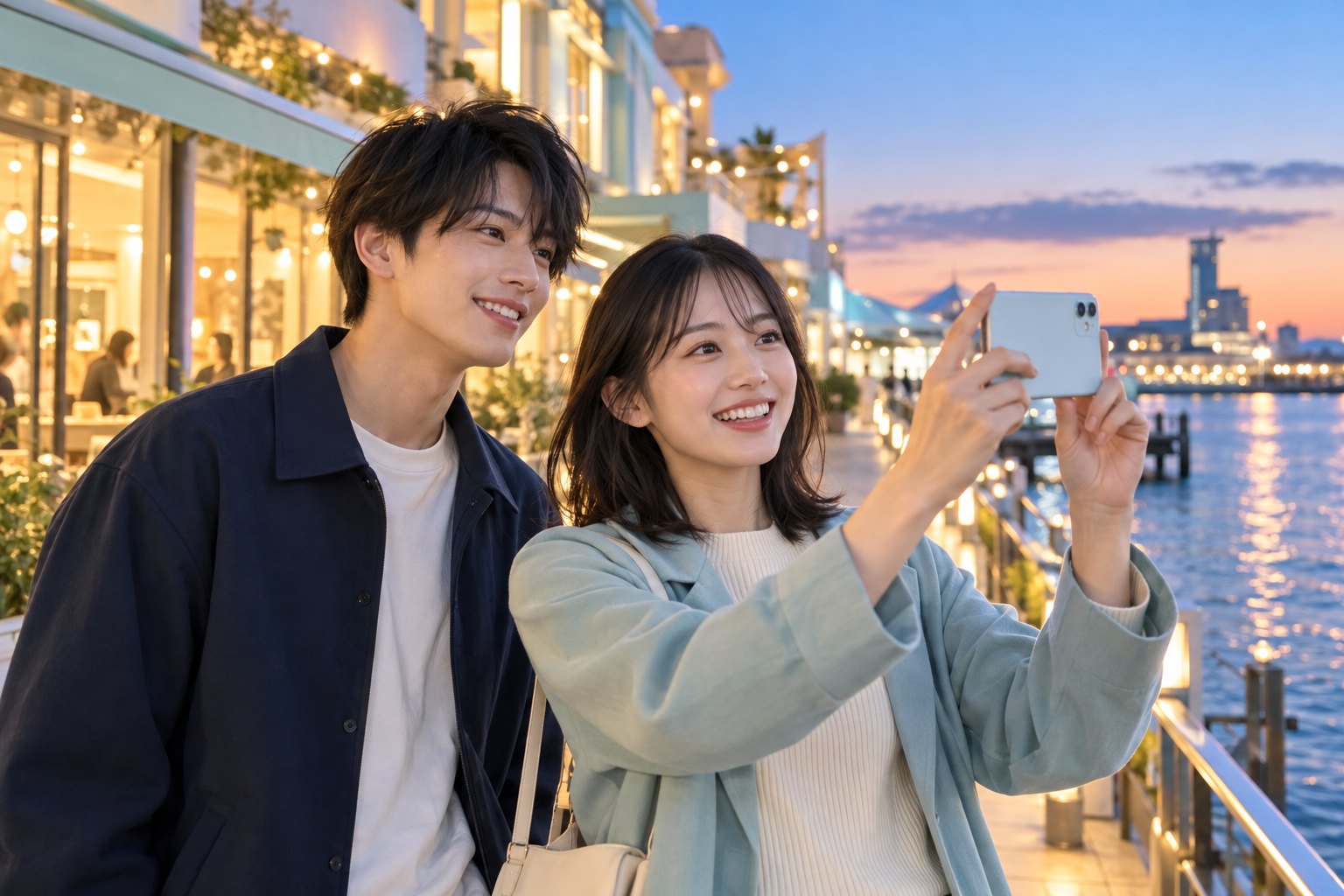 夕方の水辺の街でスマートフォンを使う若いクリエイターの発信イメージ