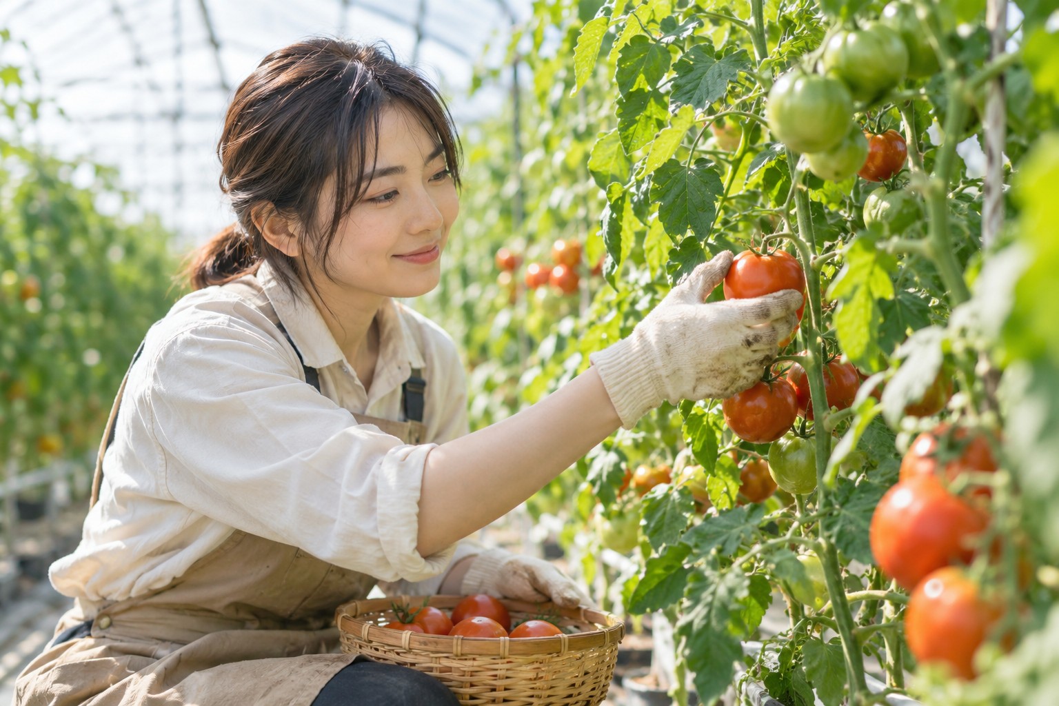温室で採れた野菜を手に取る若い生産者