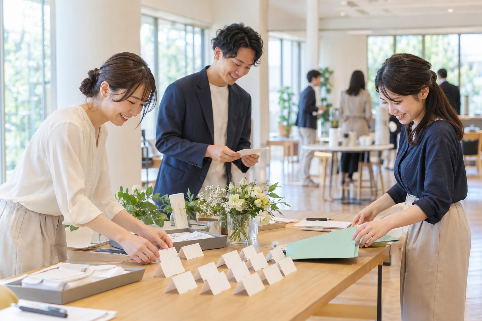 交流会の受付を準備する若い団体スタッフ