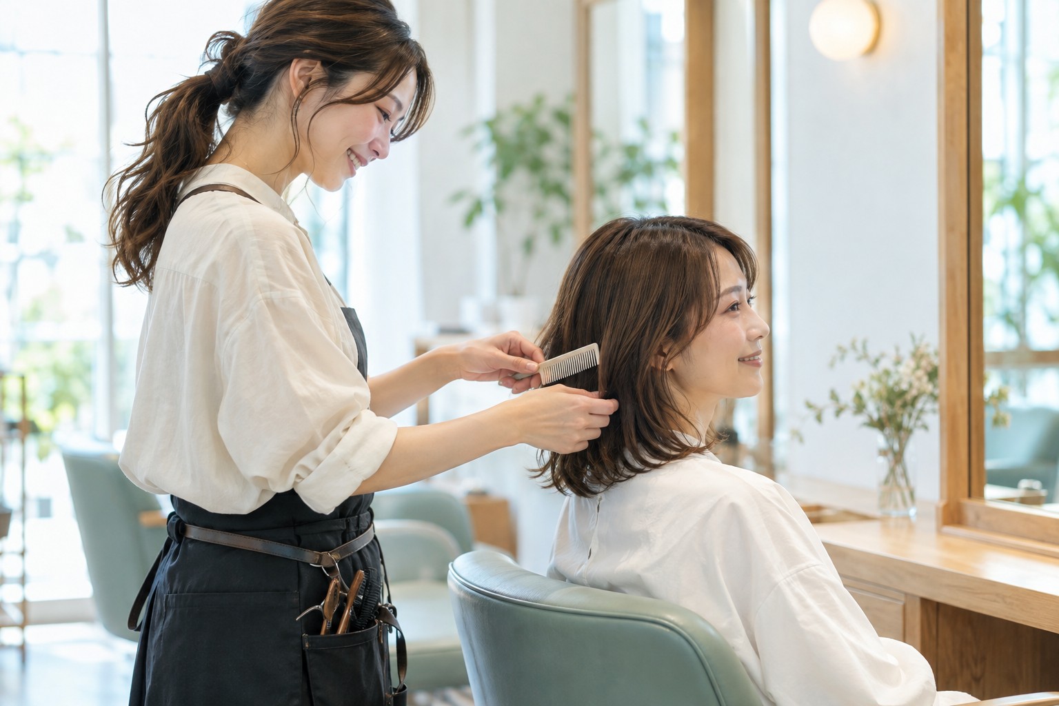 明るいサロンで成人の来店客の髪を整える若い美容師