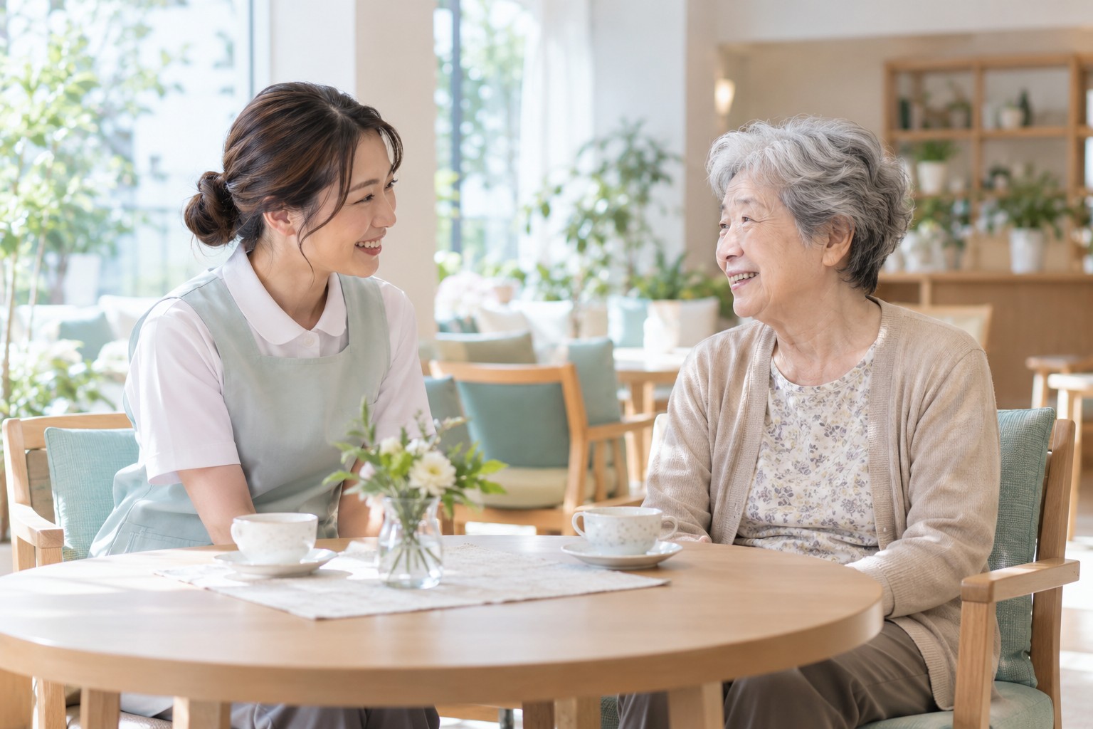 明るい共有スペースで高齢の女性と話す若い介護スタッフ