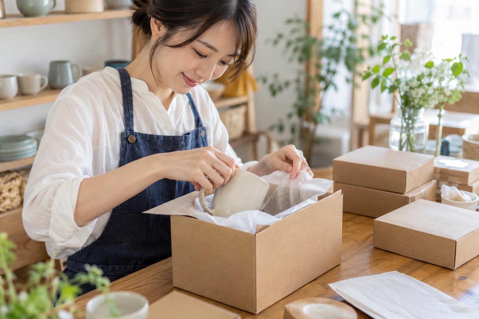 商品と梱包材を確認し、発送準備をする若い通販スタッフ