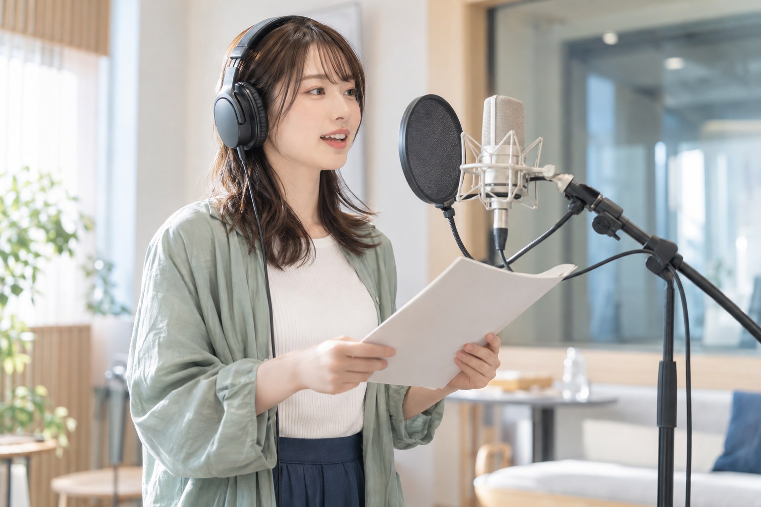 マイクの前で、表現を確かめながら稽古する声の出演者