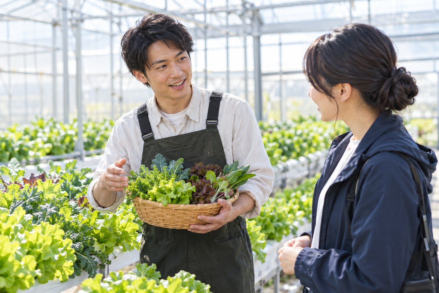 明るいハウスで、収穫した野菜の特徴を伝える生産者