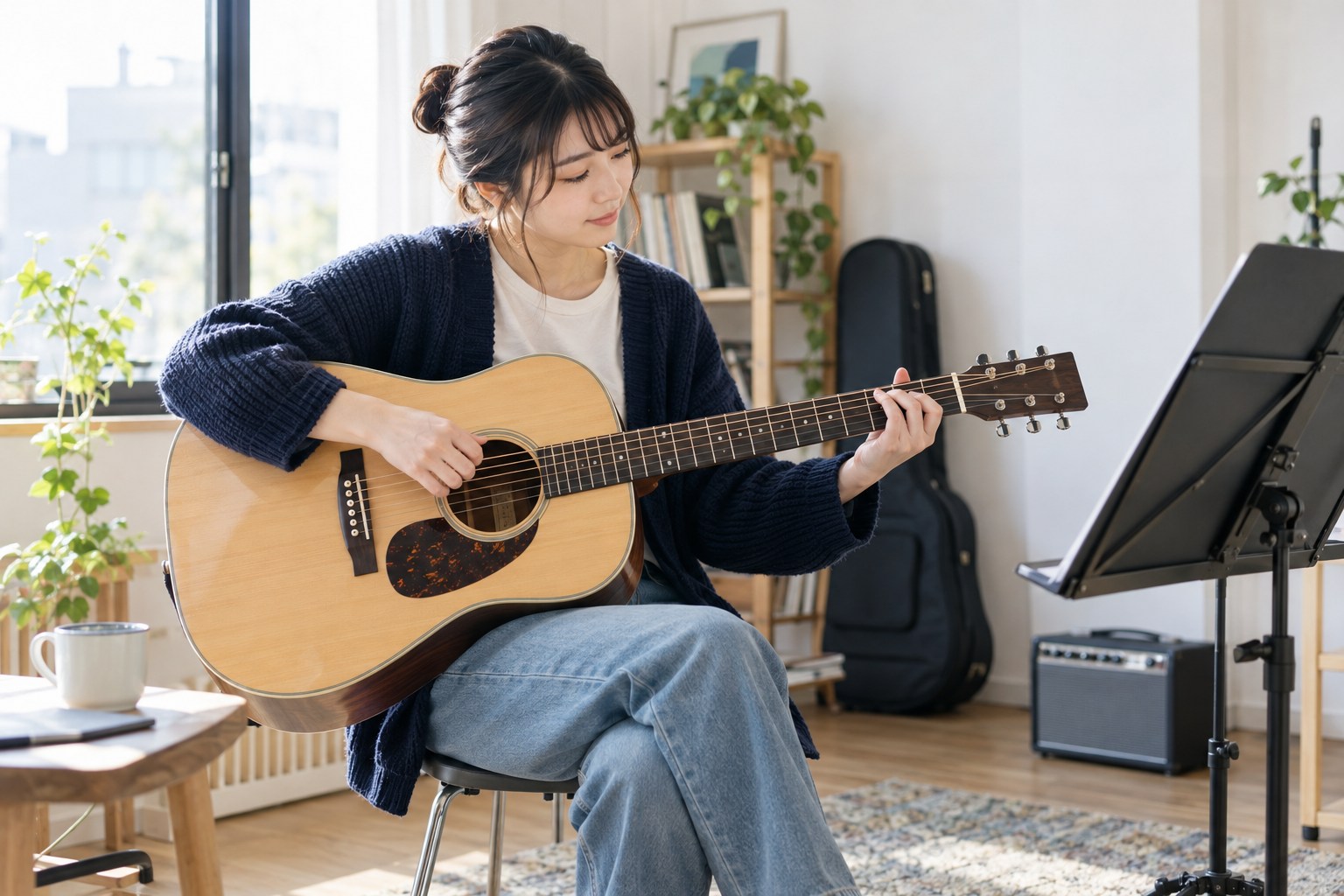 明るい練習室で、アコースティックギターを弾くアーティスト