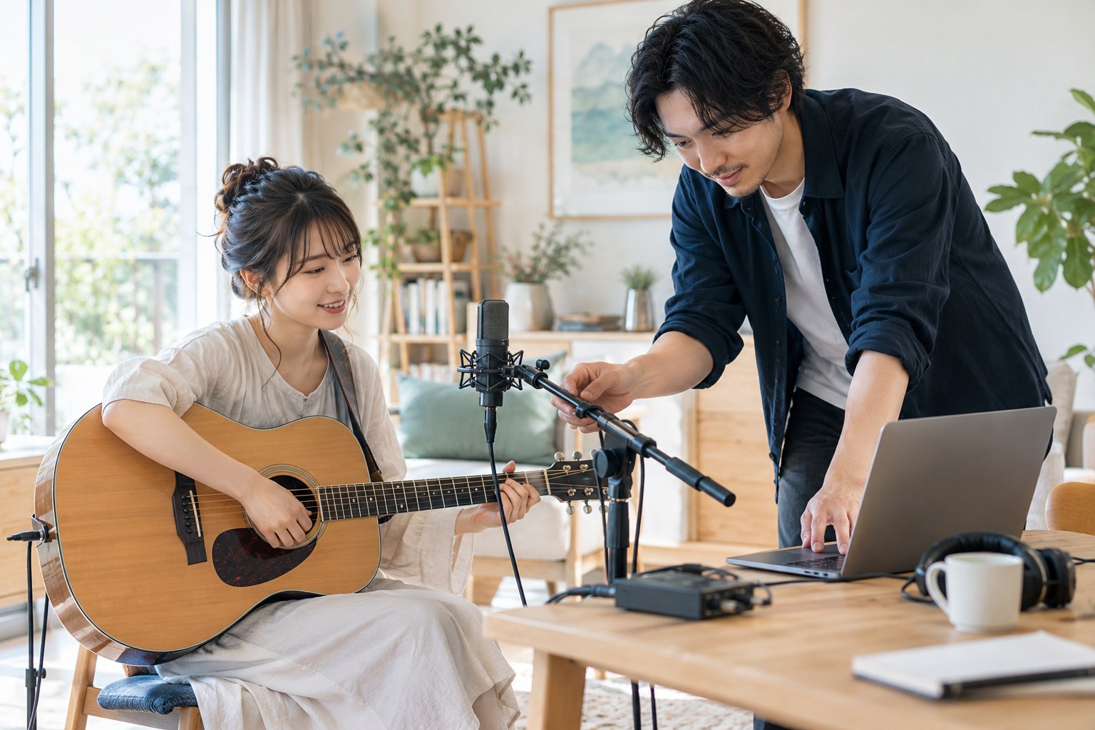 短い演奏動画の収録に向け、マイクと機材を準備する二人