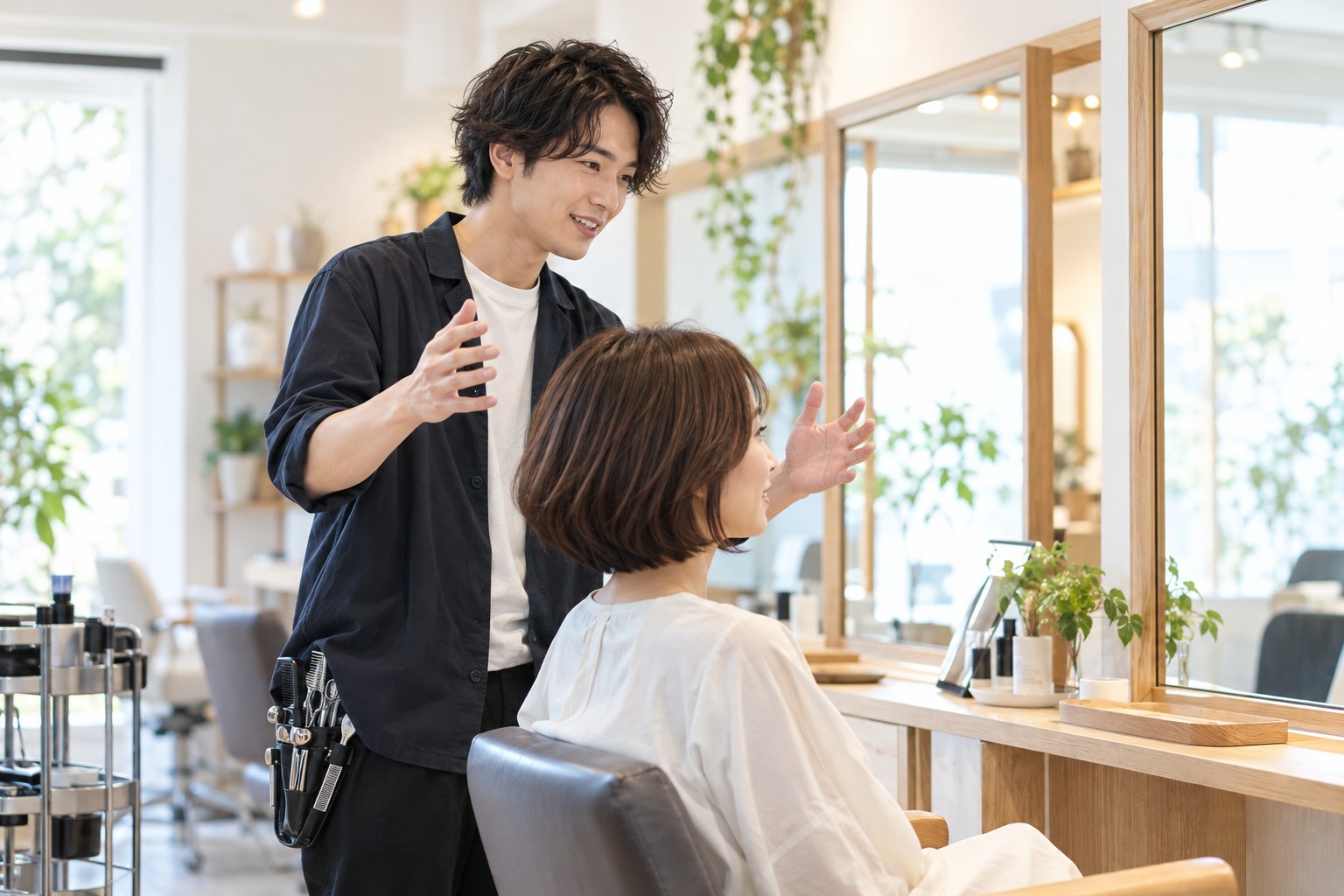 明るいサロンで、仕上がりの希望を相談する美容師と利用者