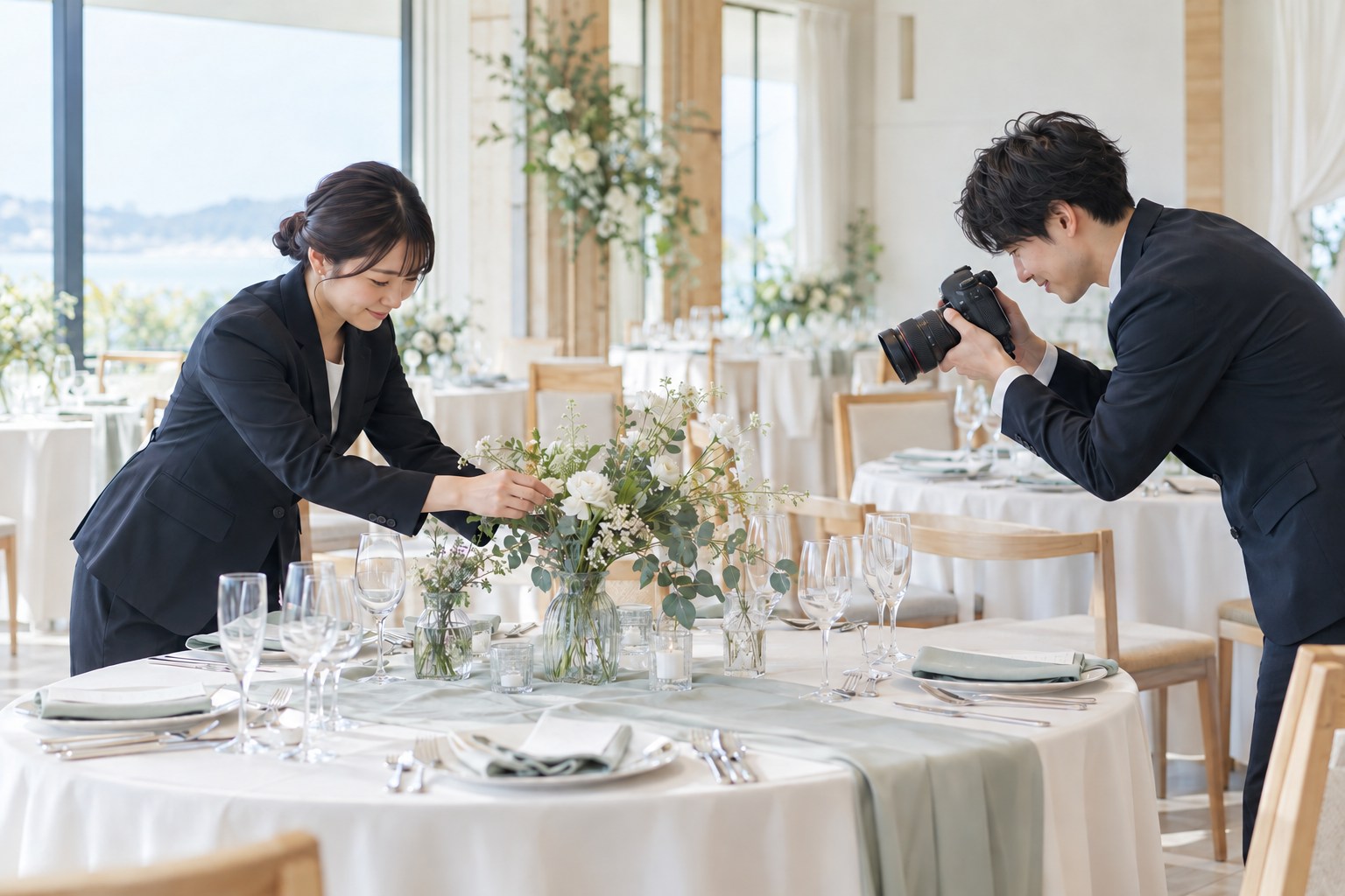 会場の雰囲気を伝えるため、装花とテーブルを整えるスタッフ