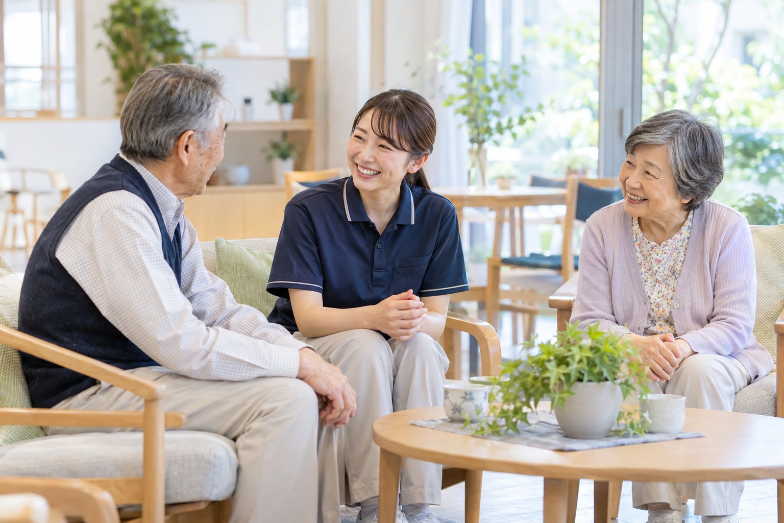 明るい共有スペースで、見学に来た二人へ説明する職員