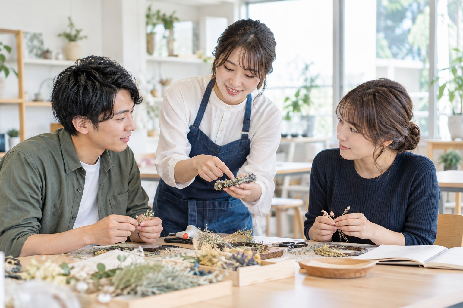 教材を使いながら、学ぶ内容を説明する講師と成人の受講者
