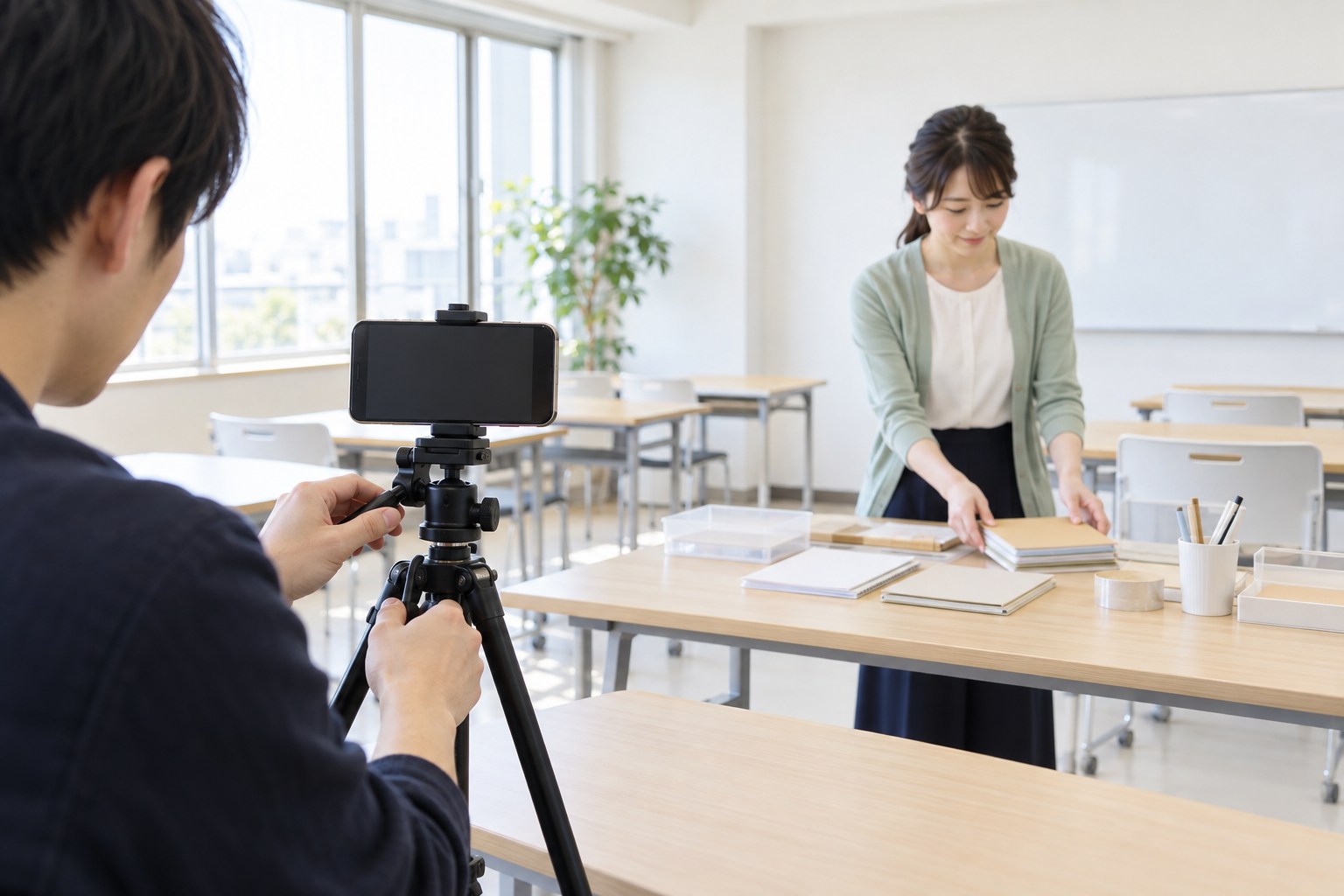 講座紹介の撮影に向け、教材とカメラを準備するスタッフ