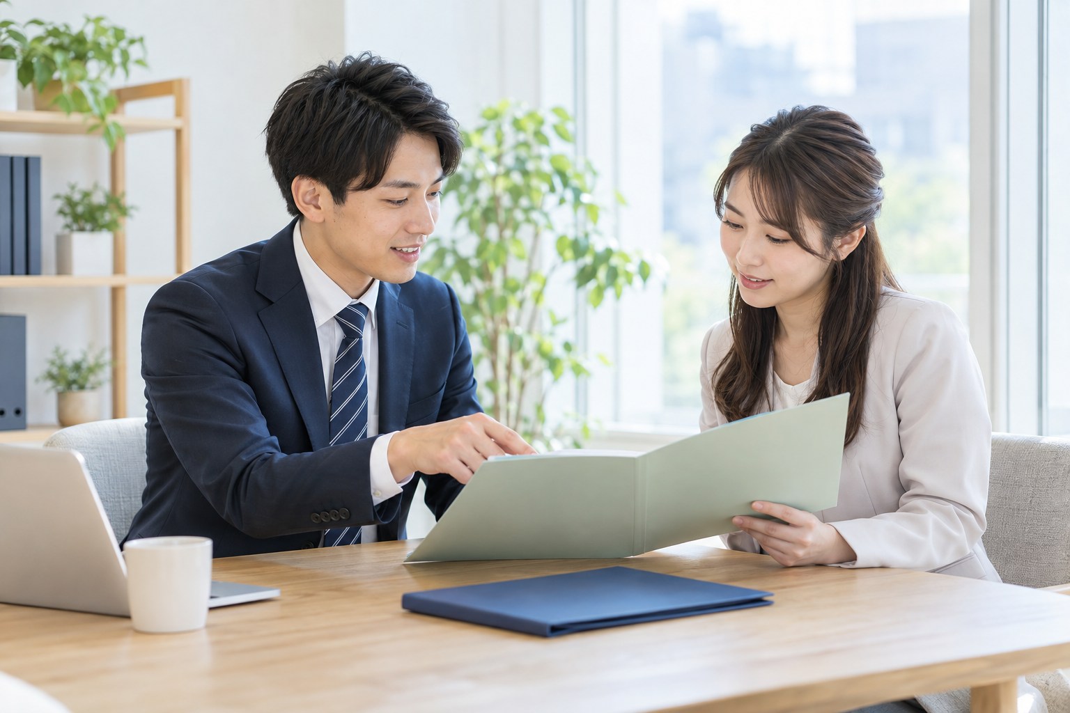 相談スペースで、説明する内容を資料とともに整理する二人