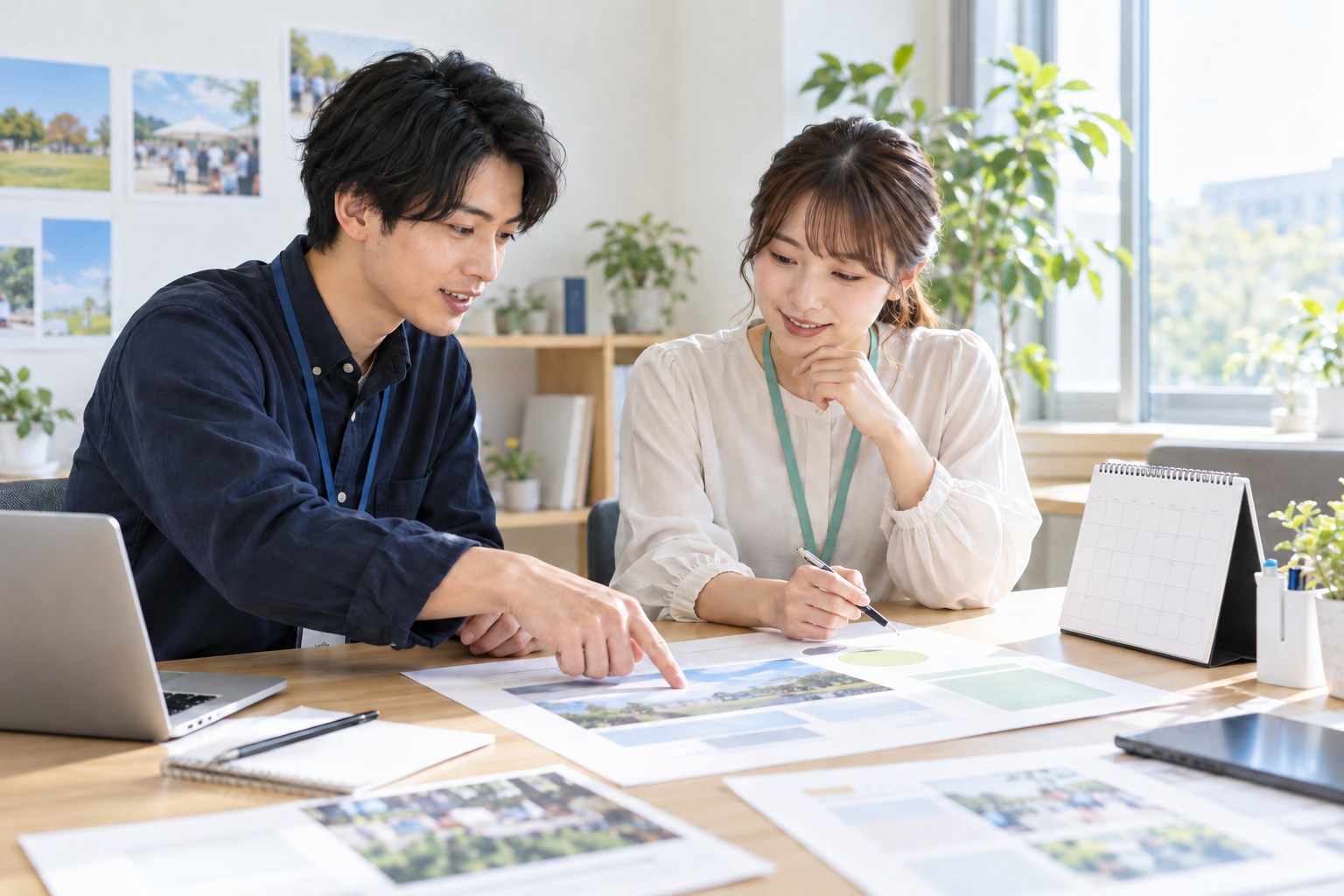 地域の案内を発信する前に、日時や掲載内容を整理する二人