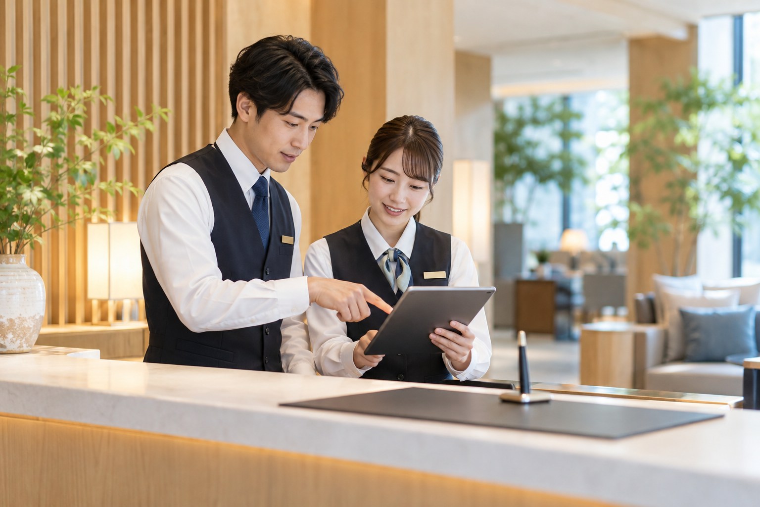 受付で、宿泊前の案内を確認する二人