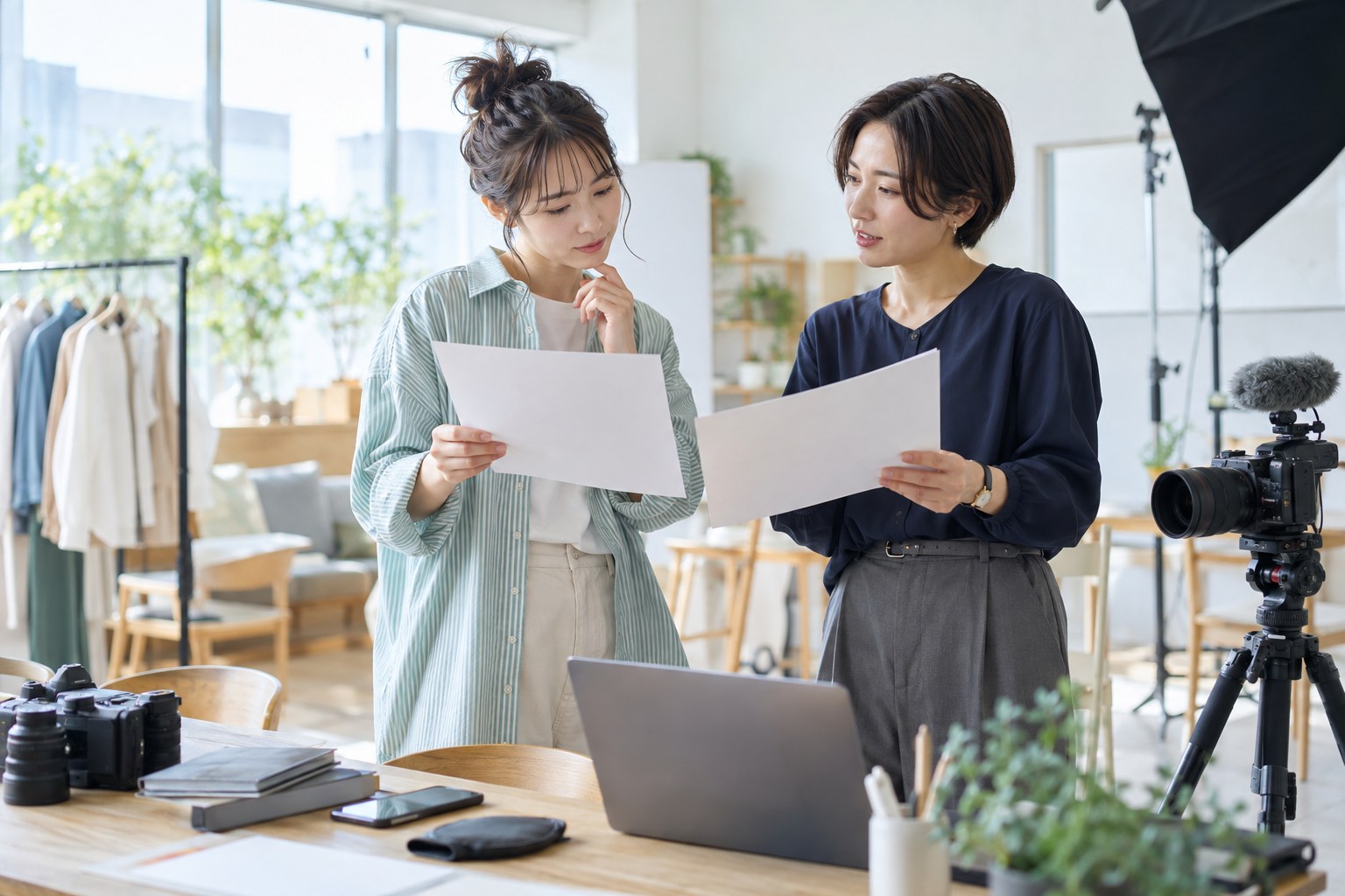商品紹介の前に、伝える内容と掲載条件を確認する二人