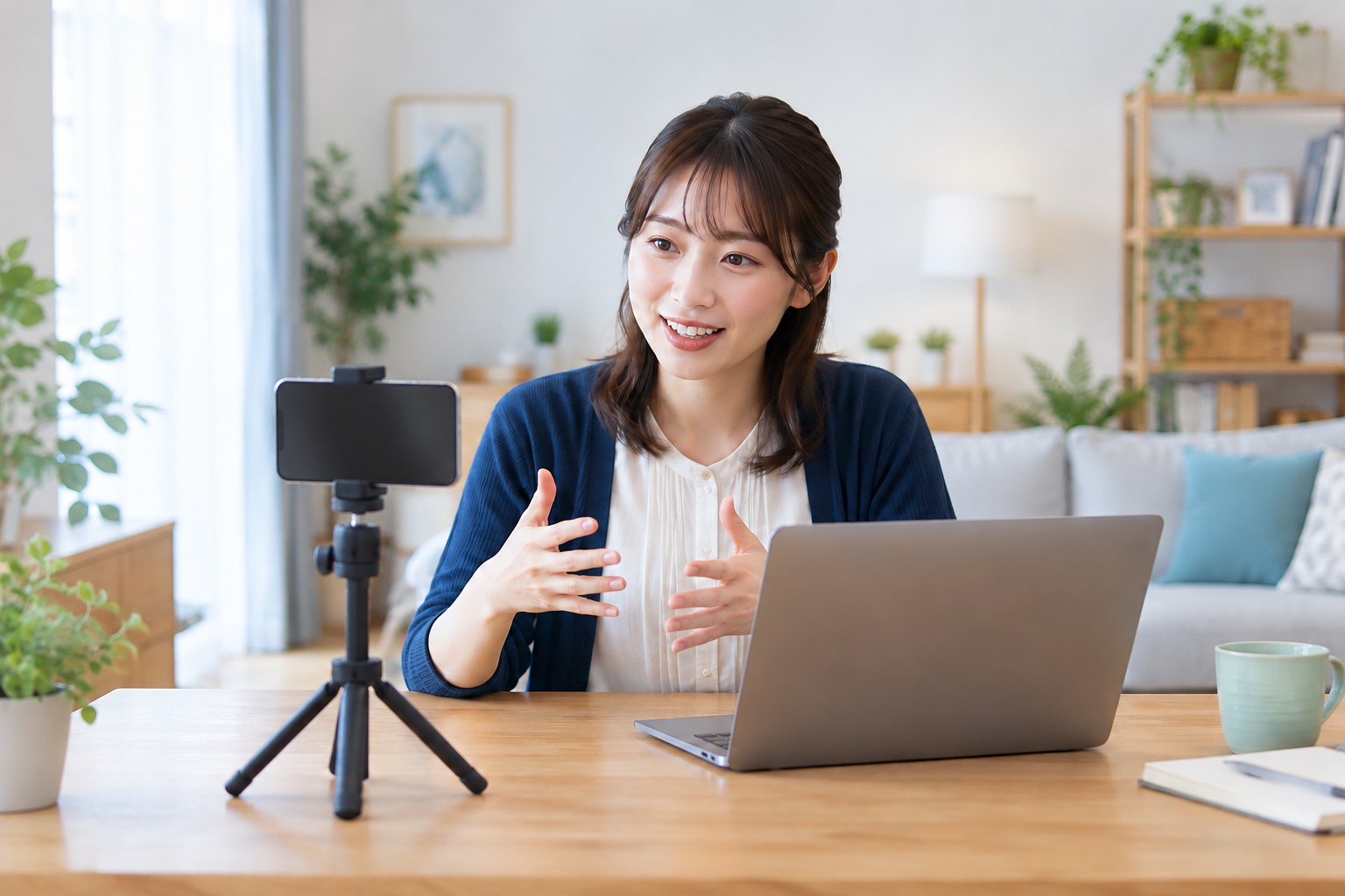 利用方法を伝える短い動画の収録を準備する担当者