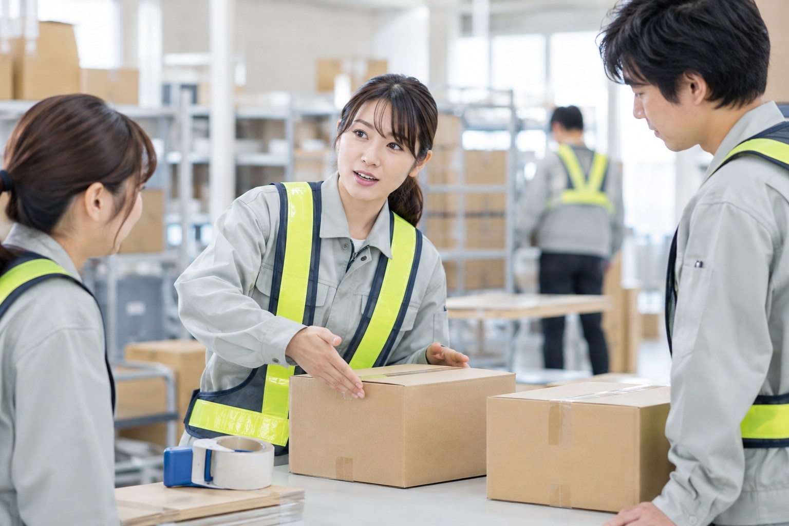 倉庫の作業台で、荷物を扱う工程を説明する担当者