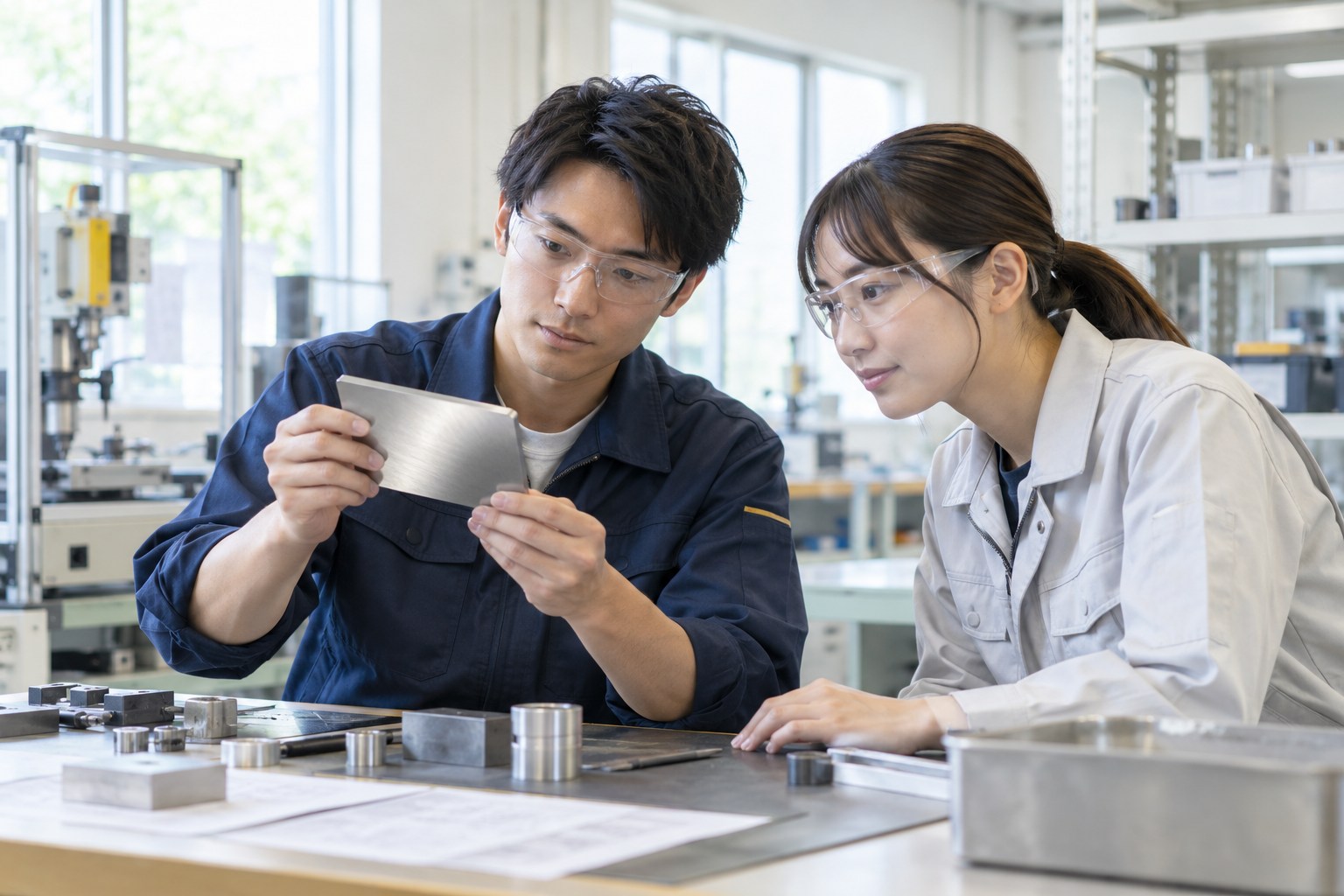 保護具を着け、加工した金属部品の仕上がりを確かめる担当者