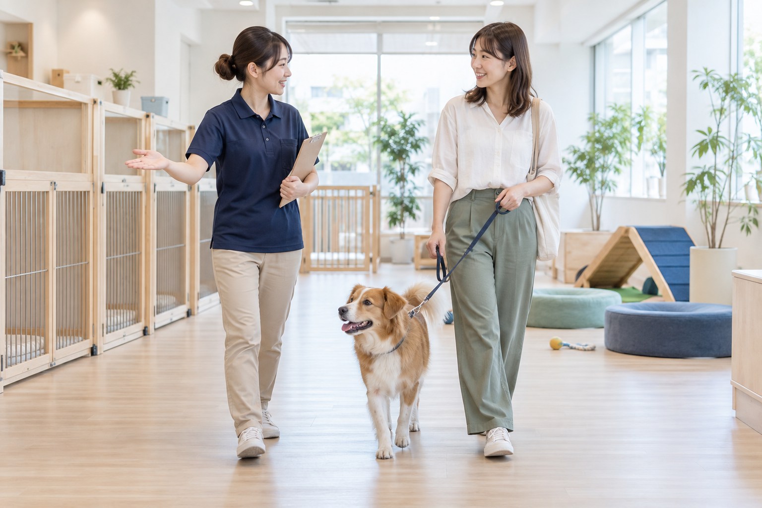 落ち着いた犬と飼い主へ、施設の使い方を案内するスタッフ