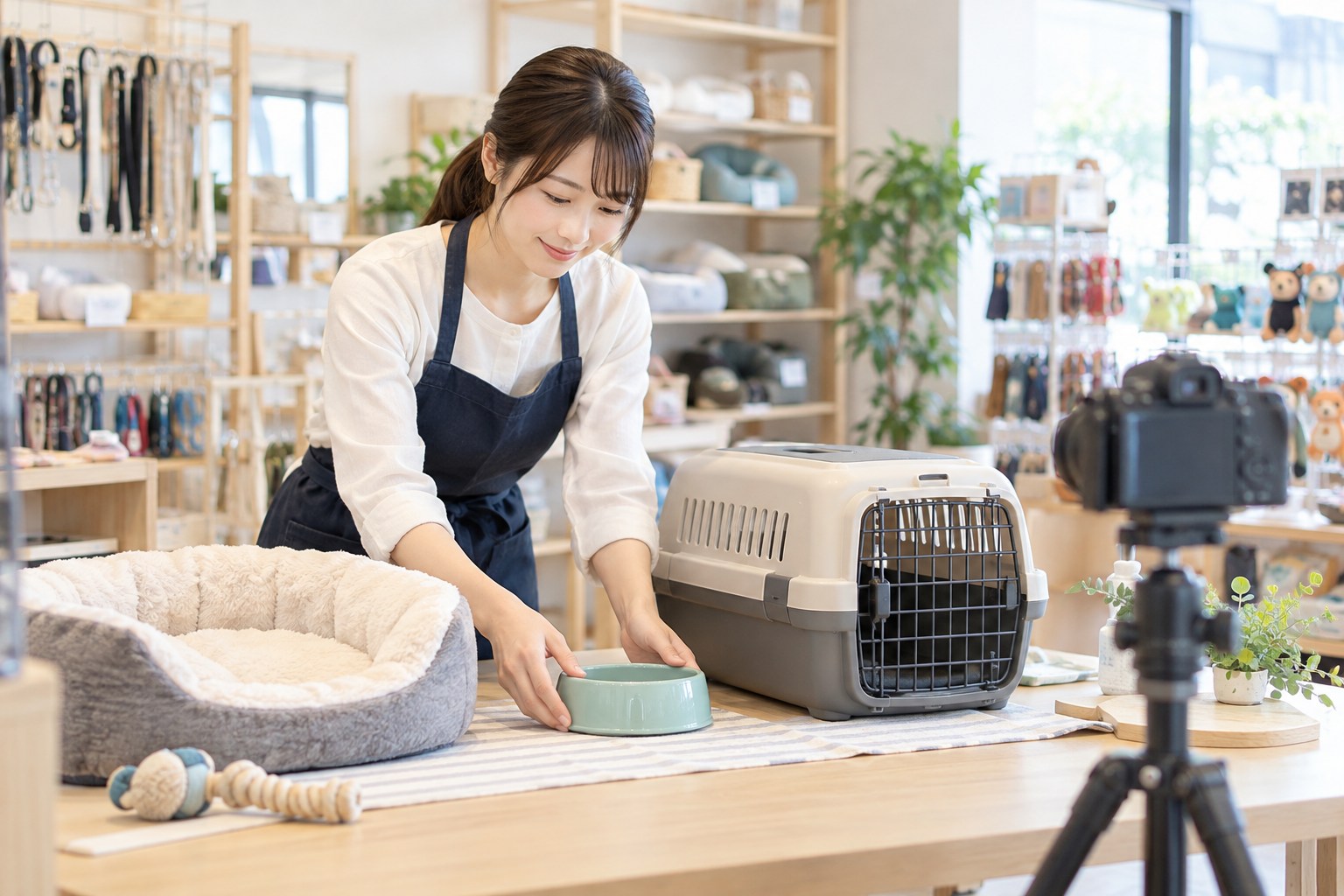 利用前の準備を伝えるため、ペット用品を並べるスタッフ