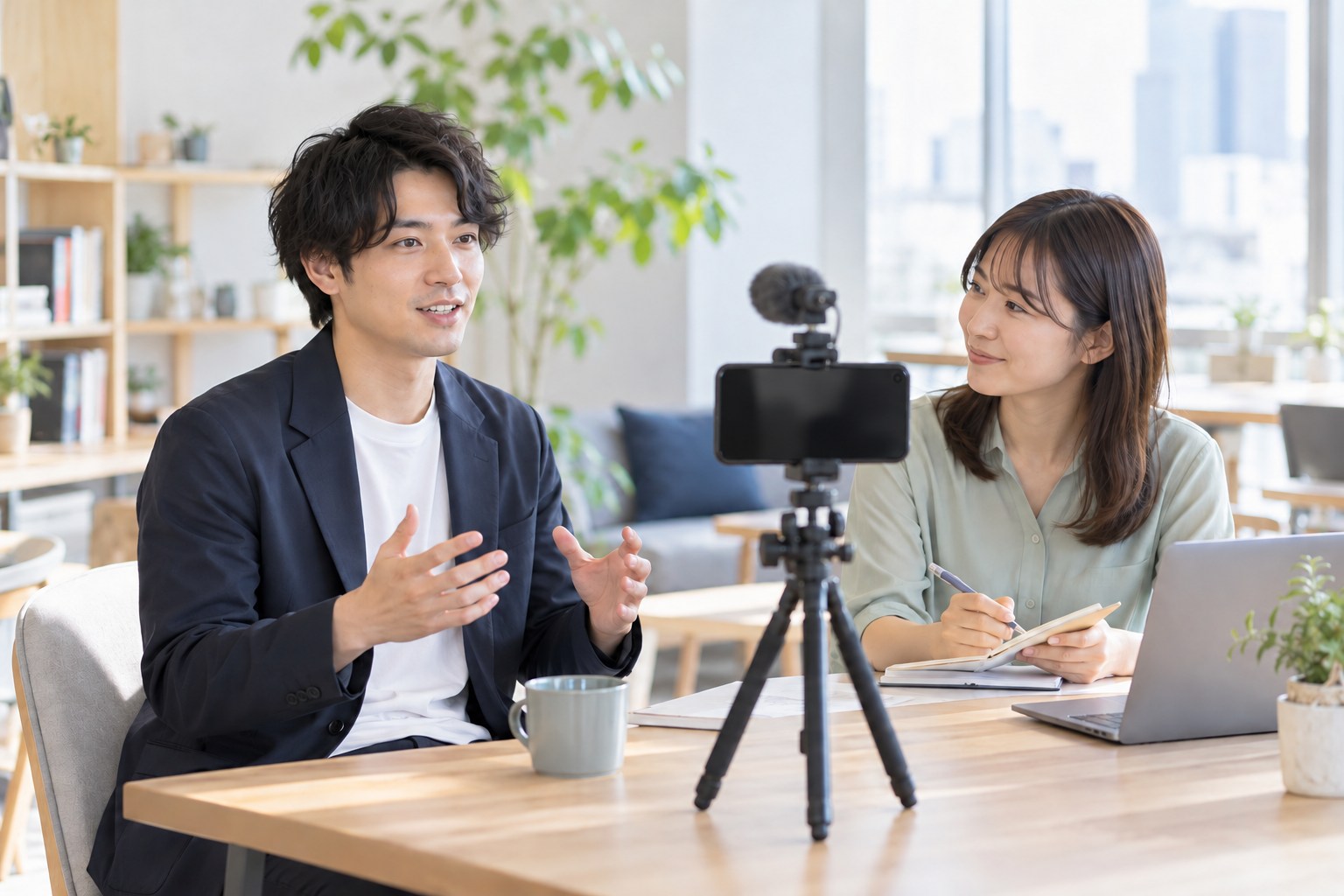 本人の言葉を届けるインタビュー動画を準備する二人
