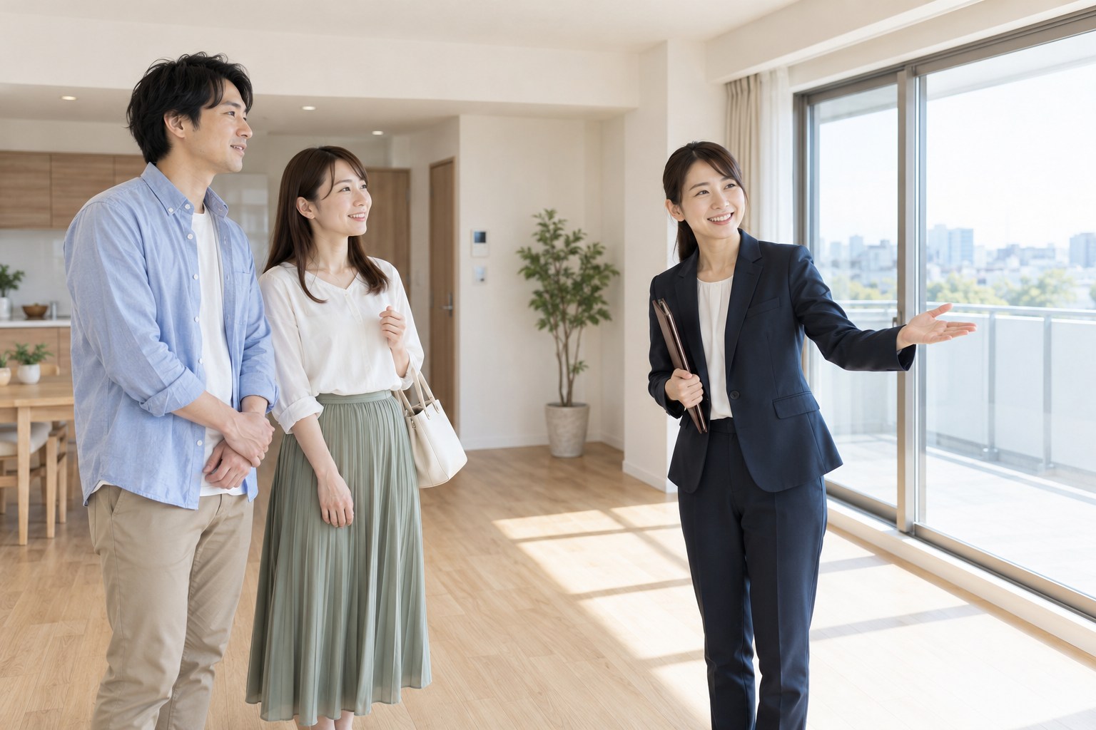明るい室内で、暮らしの動線を案内する担当者