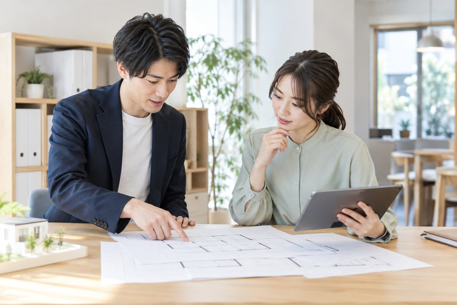 住まい紹介の撮影前に、資料と確認項目を整理する二人