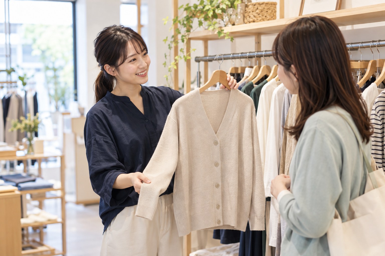 衣服の素材や合わせ方を紹介する販売スタッフ